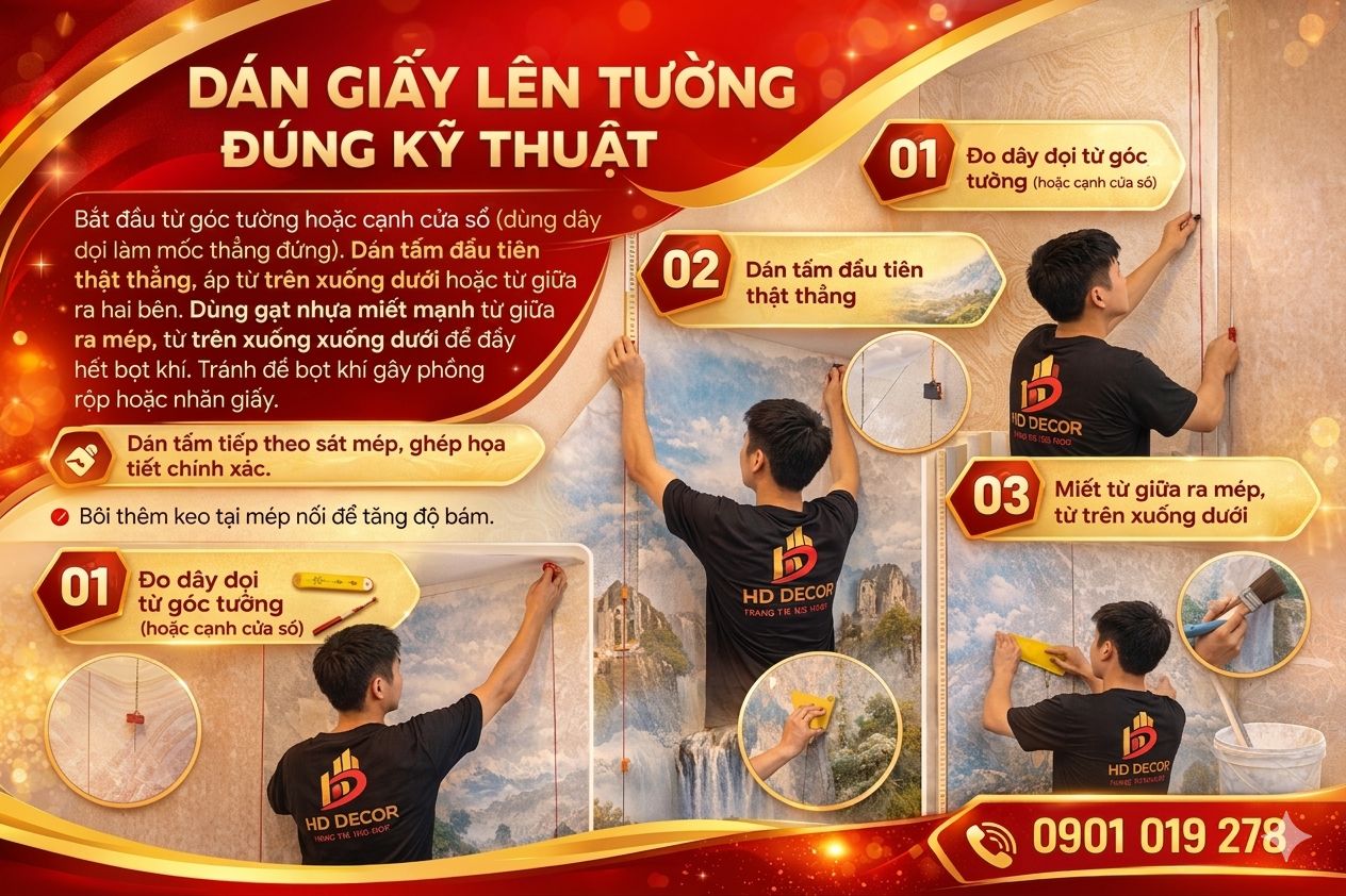dán giấy dán tường lên tường đúng cách 
