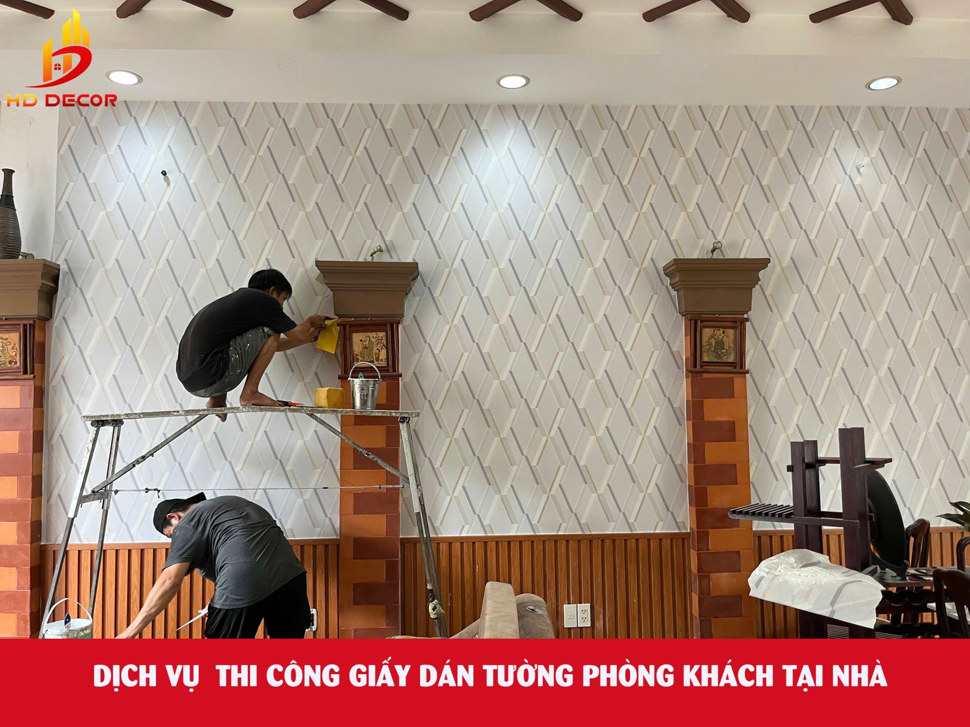 dịch vụ thi công giấy dán tường phòng khách