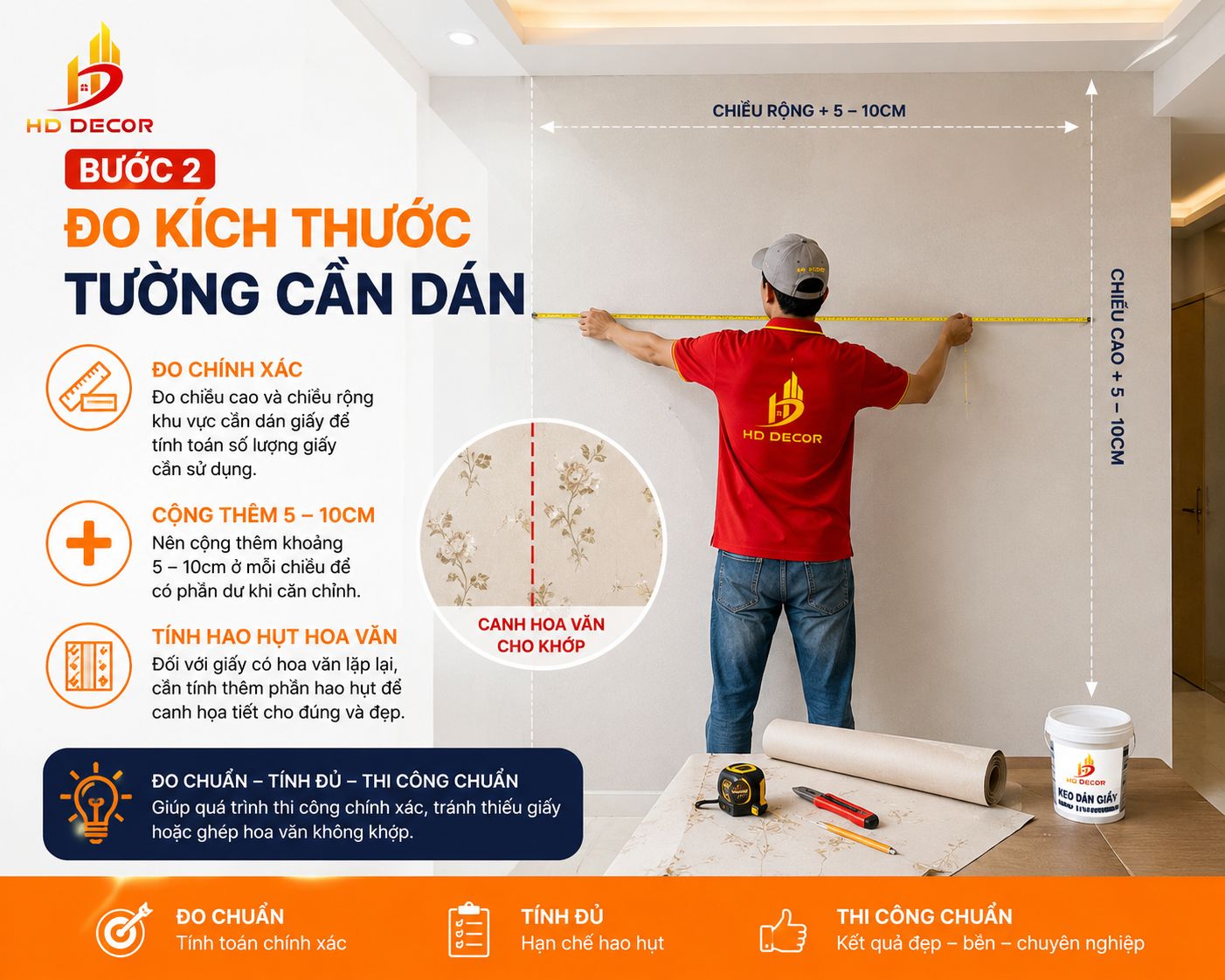 đo kích thước tường cần dán 