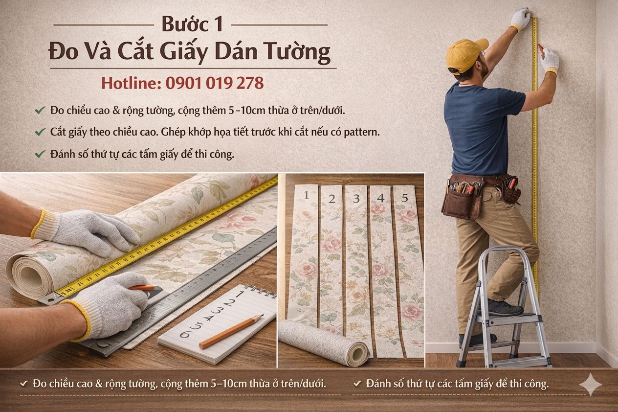 đo và cắt giấy dán tường trước khi thi công giấy dán tường 