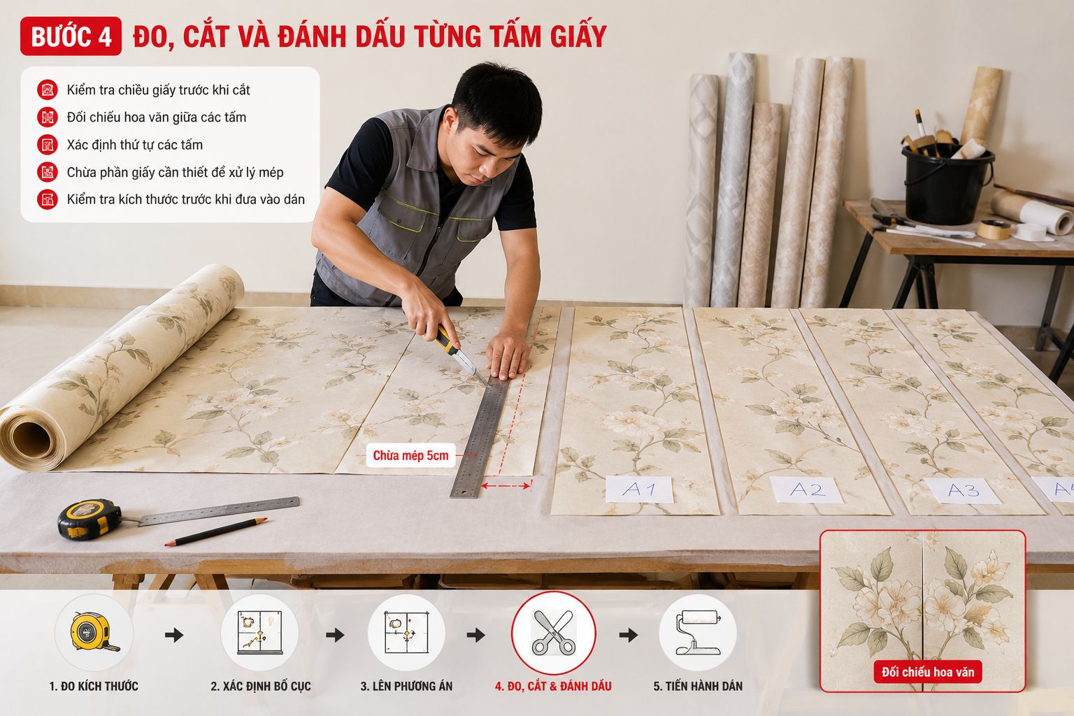 đo, cắt- và đánh dấu giấy dán tường
