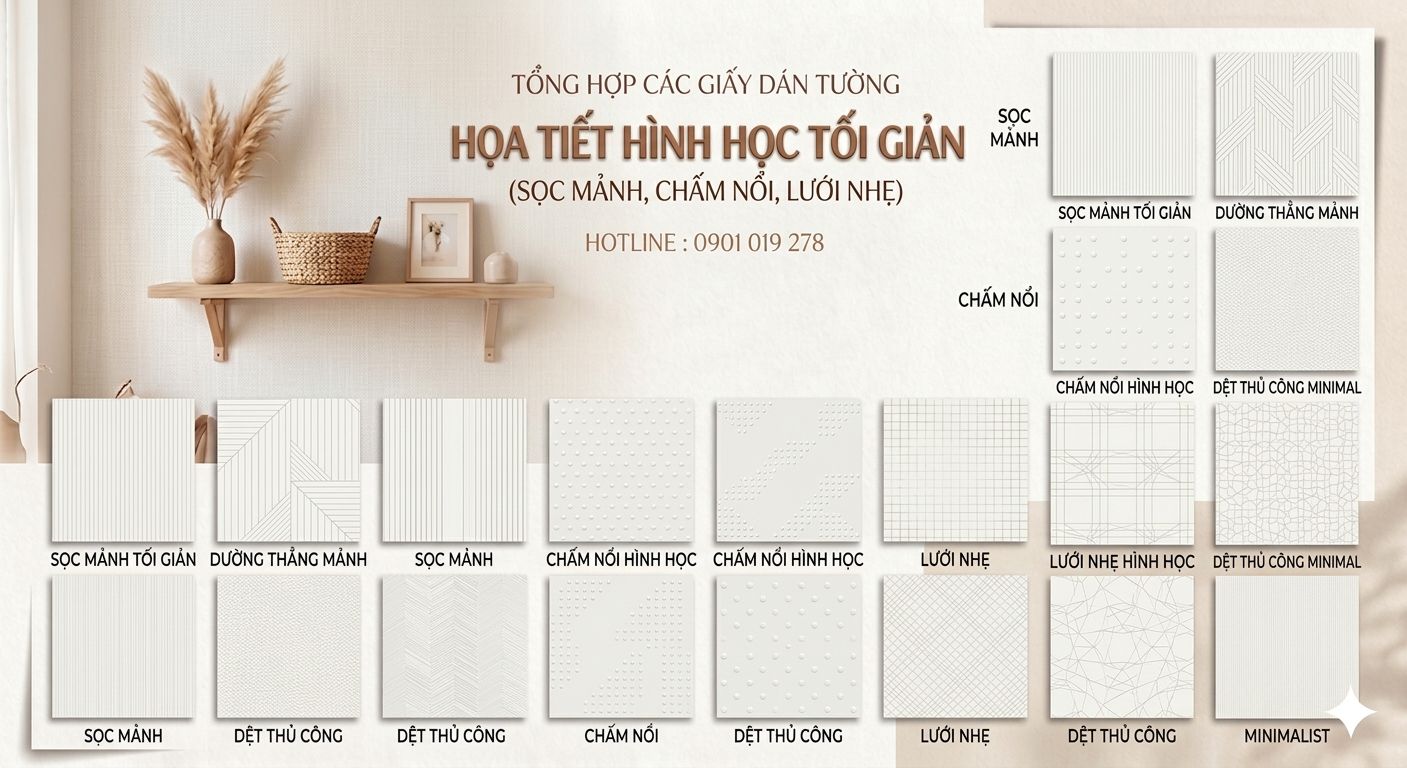 giấy dán tường Họa tiết hình học tối giản (sọc mảnh, chấm nổi, lưới nhẹ)