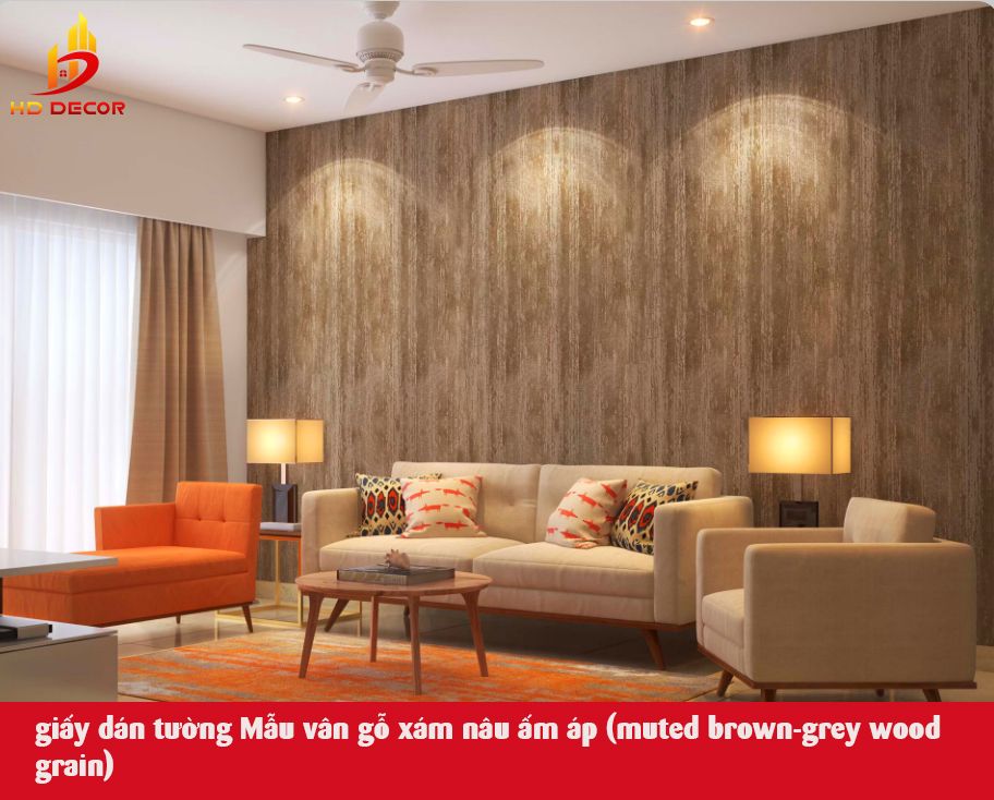 giấy dán tường Mẫu vân gỗ xám nâu ấm áp (muted brown-grey wood grain)