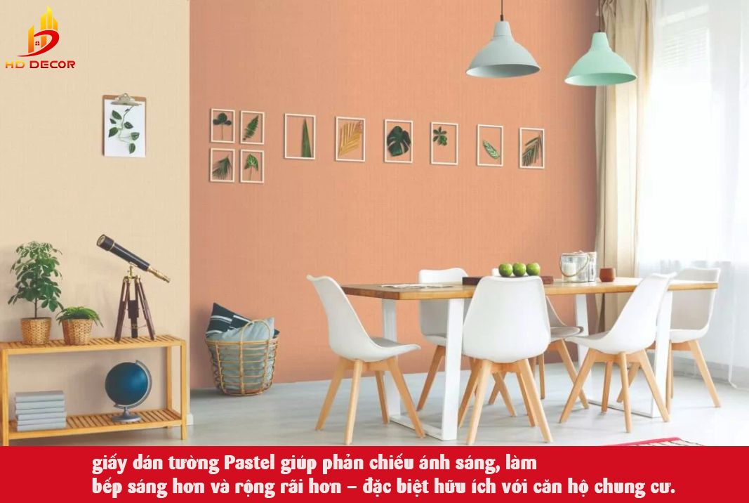 giấy dán tường Pastel giúp phản chiếu ánh sáng, làm bếp sáng hơn và rộng rãi hơn – đặc biệt hữu ích với căn hộ chung cư.