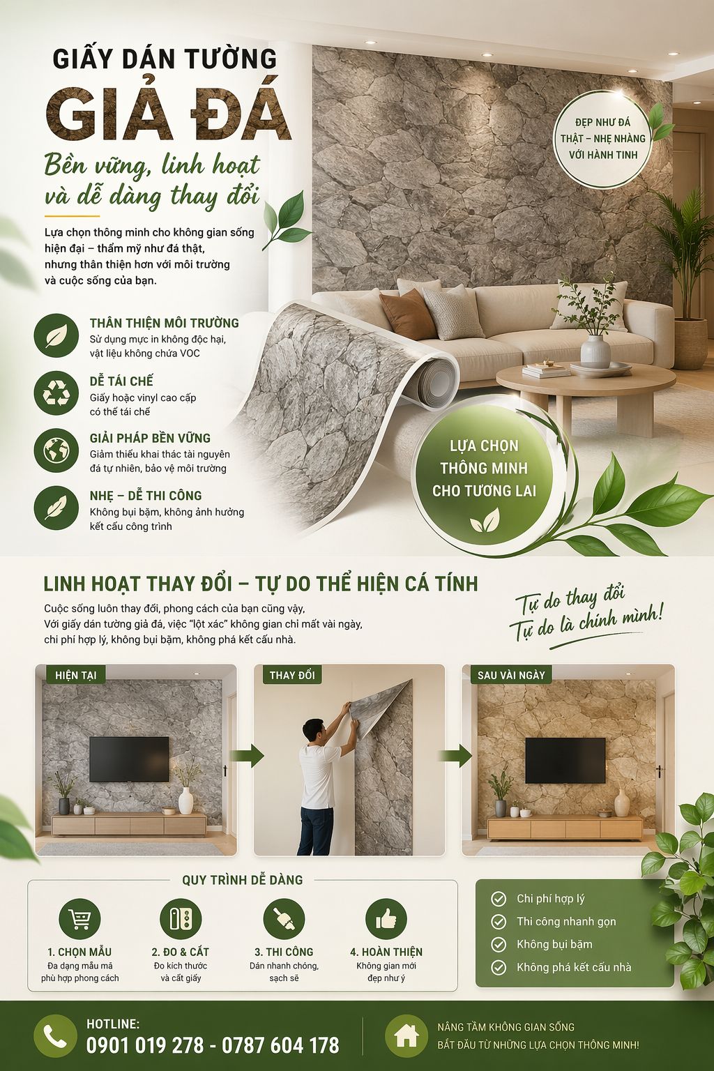 giấy dán tường giả đá bền vững , linh hoạt , dễ thay đổi