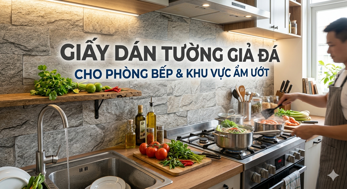 giấy dán tường giả đá cho phòng bếp 