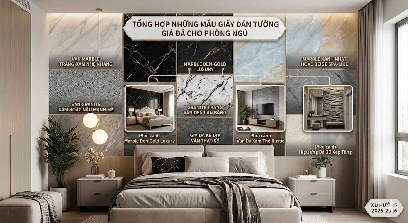 giấy dán tường giả đá cho phòng ngủ 