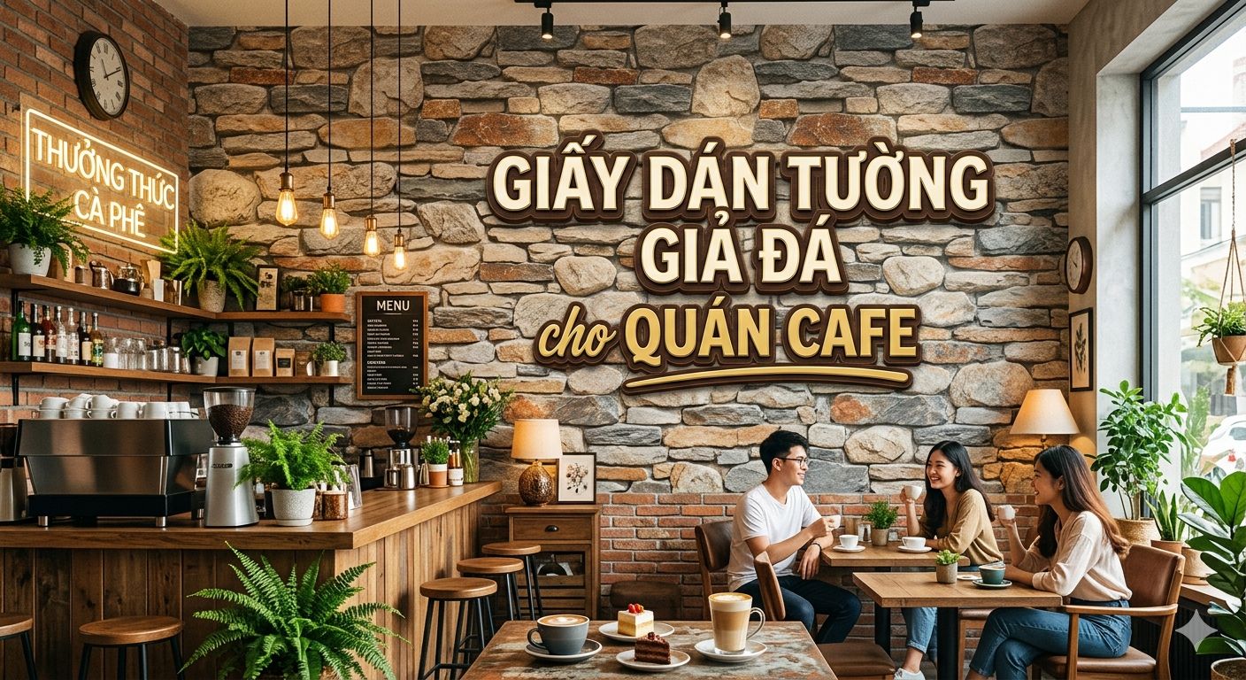 giấy dán tường giả đá cho quán cafe 