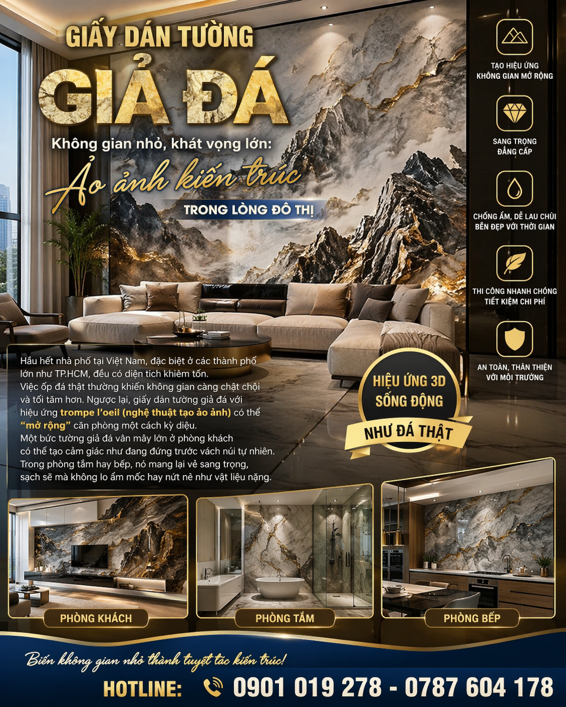  giấy dán tường giả đá với hiệu ứng trompe l’oeil (nghệ thuật tạo ảo ảnh) có thể “mở rộng” căn phòng một cách kỳ diệu. 