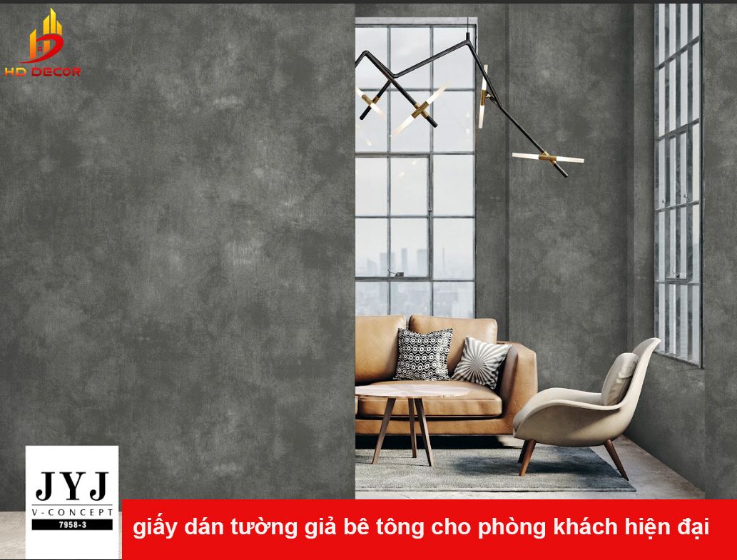 giấy dán tường giả bê tông cho phòng khách hiện đại 