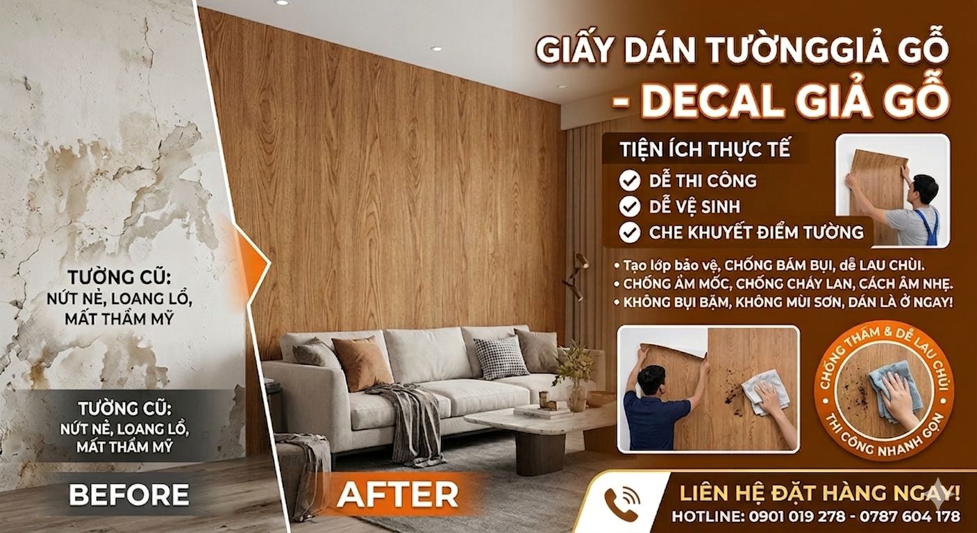 giấy dán tường giả gỗ - decal dán tường giả gỗ dễ dàng thi công