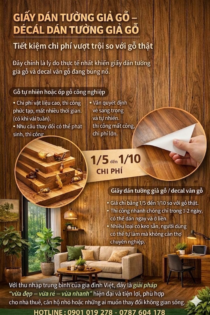 giấy dán tường giả gỗ - decal giả gỗ Tiết kiệm chi phí vượt trội so với gỗ thật