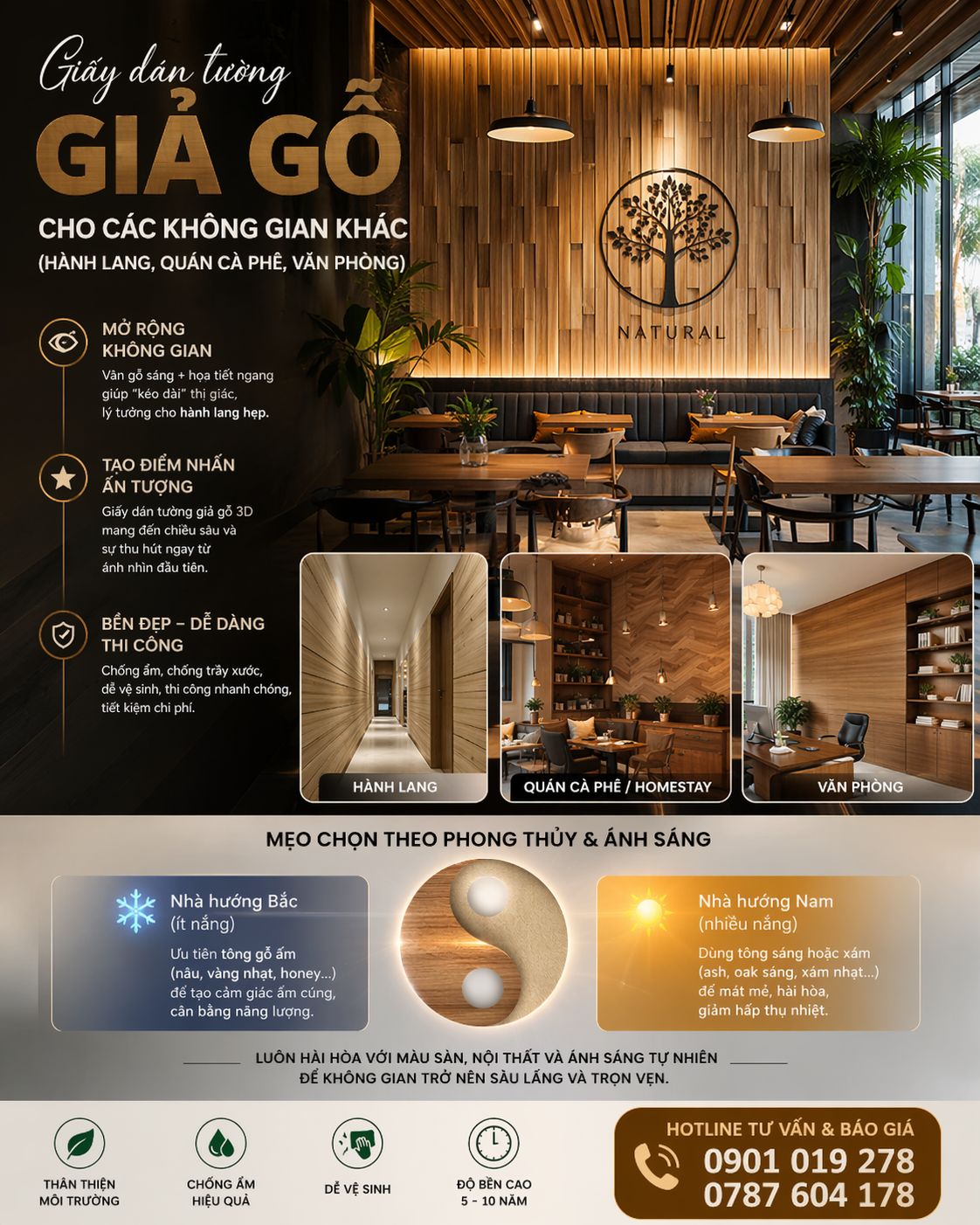 giấy dán tường giả gỗ cho quán cafe - văn phòng