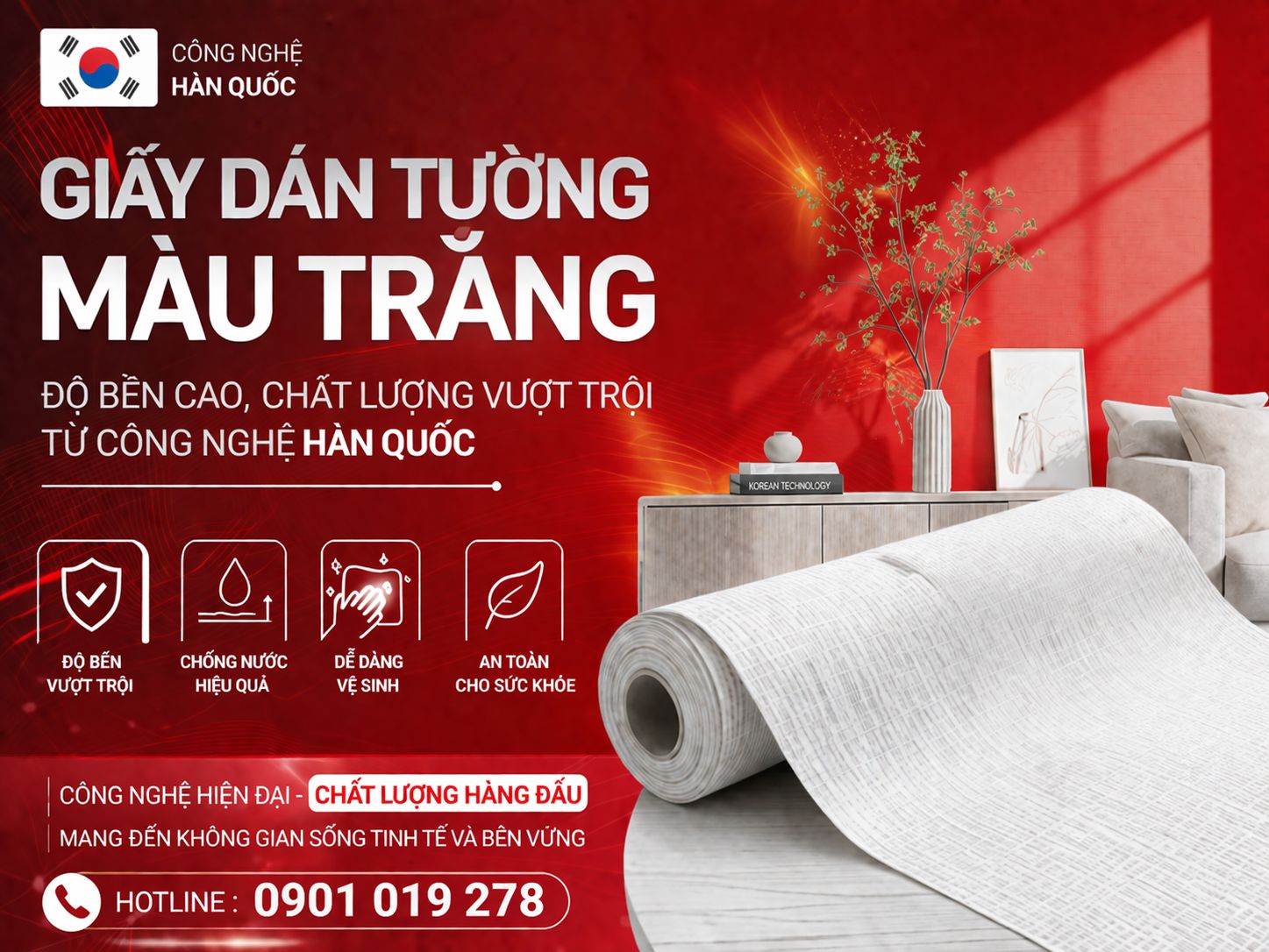 giấy dán tường màu trắng Độ bền cao, chất lượng vượt trội từ công nghệ Hàn Quốc