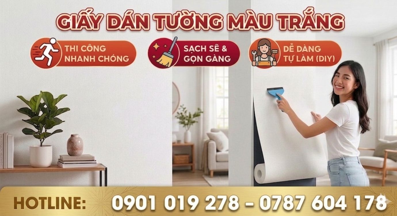 giấy dán tường màu trắng Thi công nhanh chóng, sạch sẽ và dễ dàng tự làm