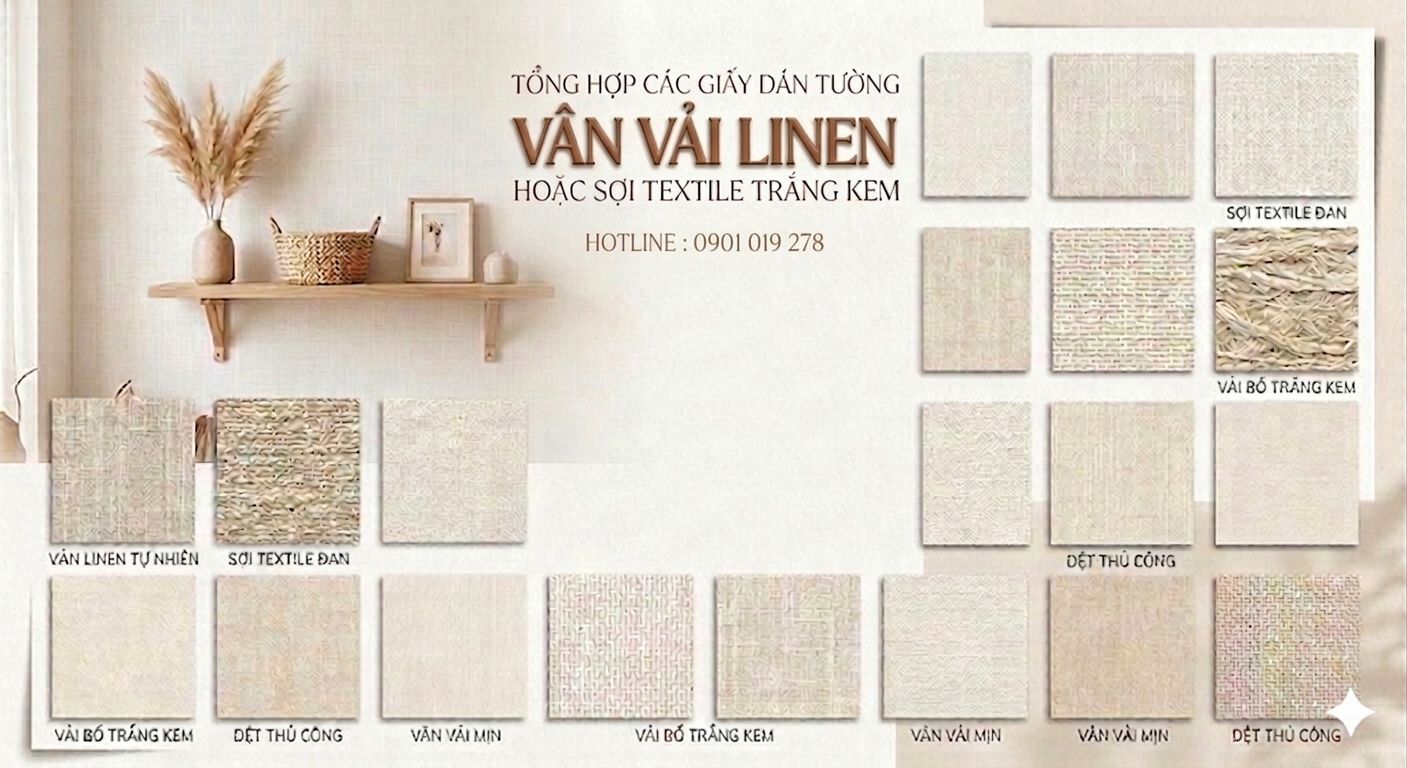 giấy dán tường màu trắng Vân vải linen hoặc sợi textile trắng kem