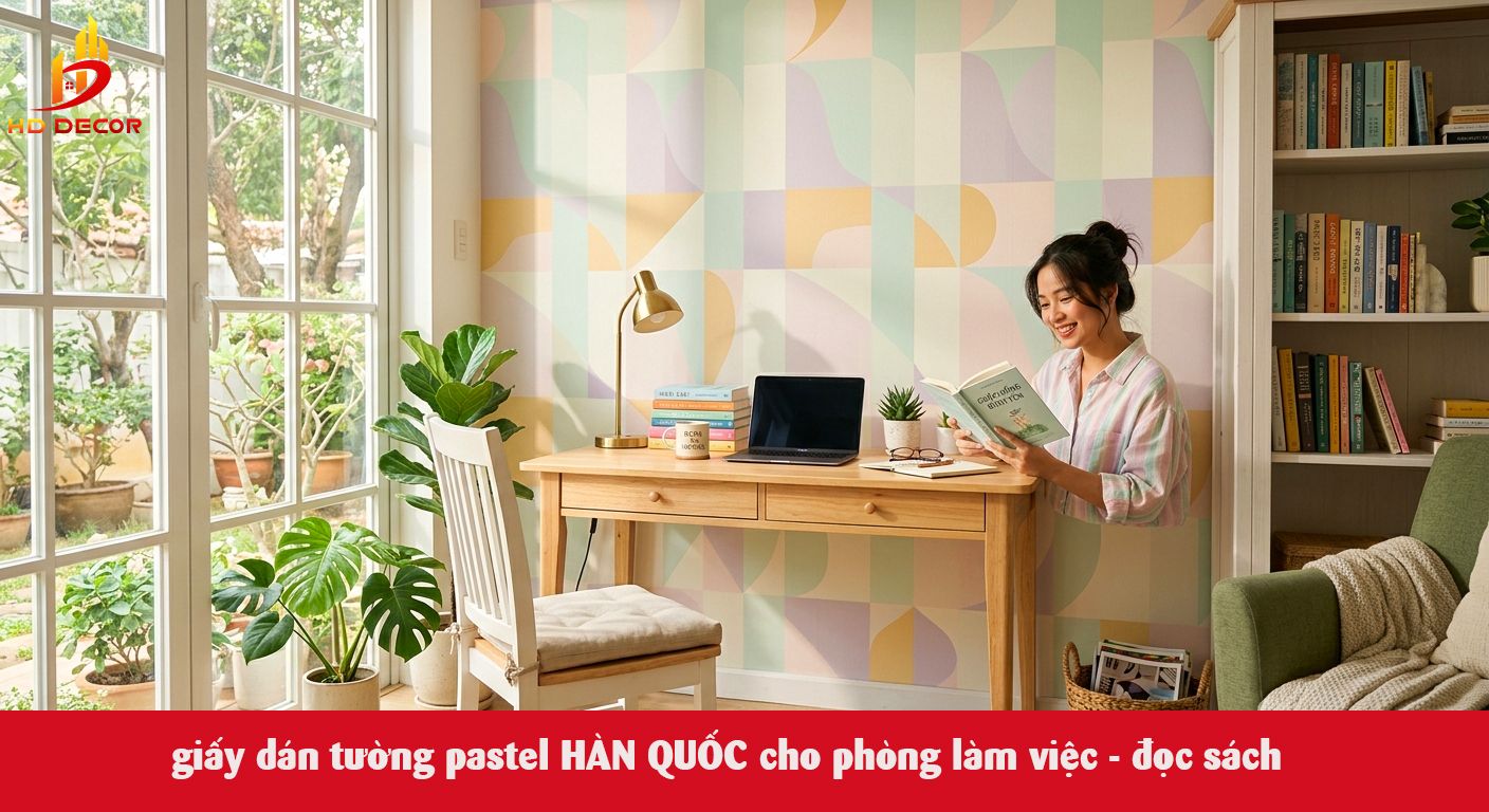 giấy dán tường pastel Phòng làm việc hoặc góc đọc sách – Tăng tập trung và sáng tạo