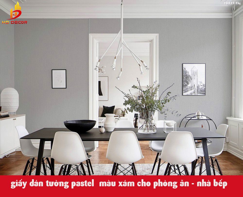 giấy dán tường pastel màu xám cho phòng ăn - nhà bếp