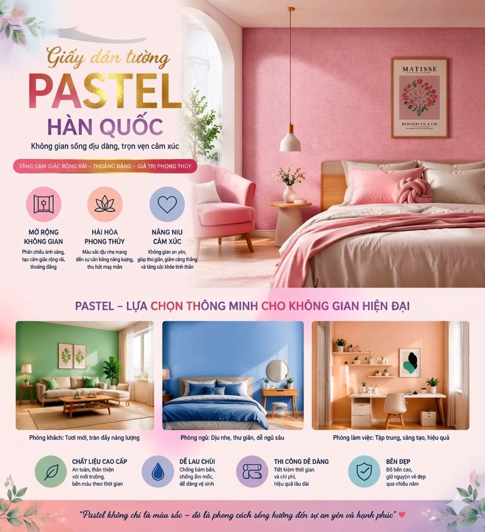 giấy dán tường pastel hàn quốc Tăng cảm giác rộng rãi, thoáng đãng và giá trị phong thủy