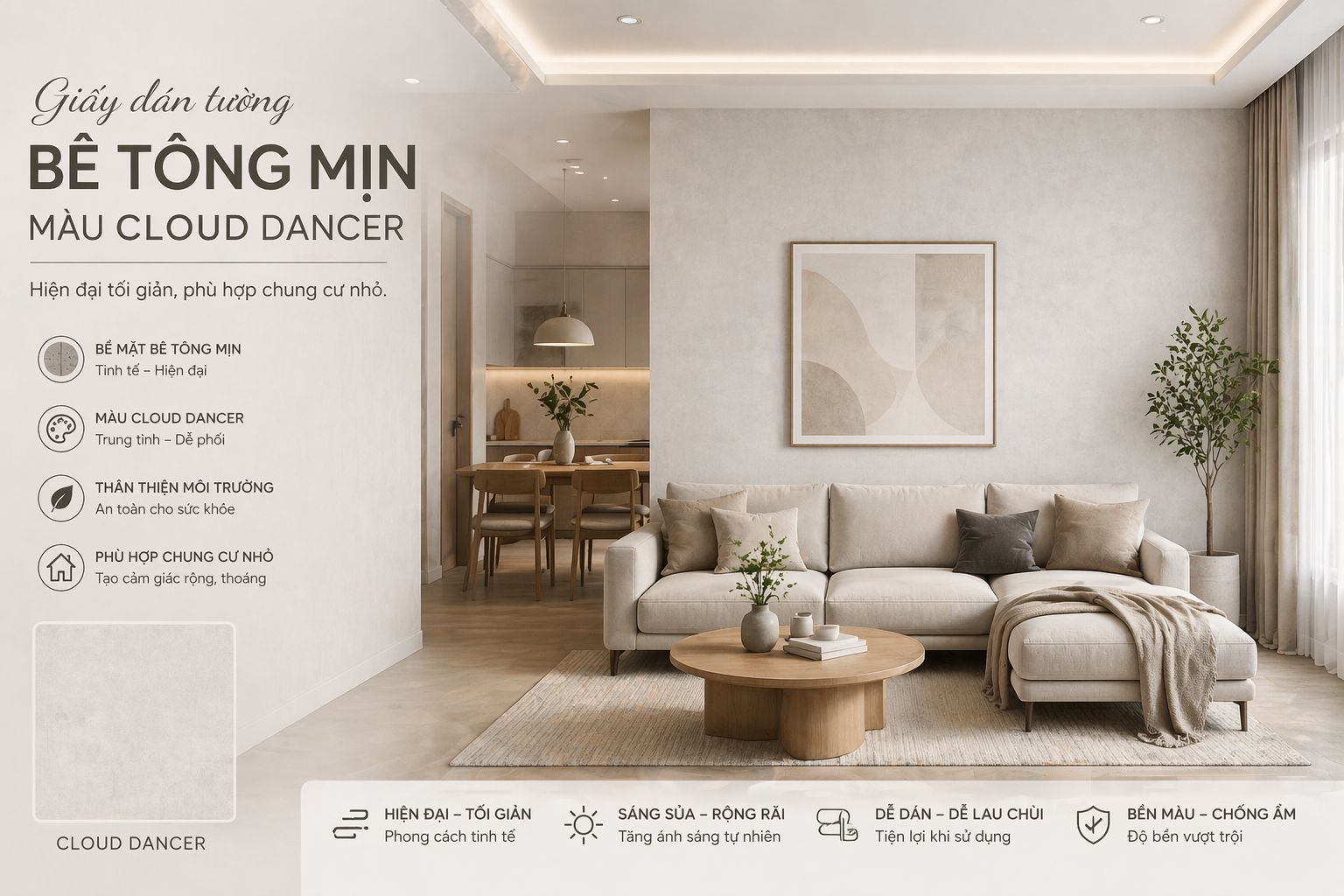 giấy dán tường vải bê tông mịn cho phòng khách 