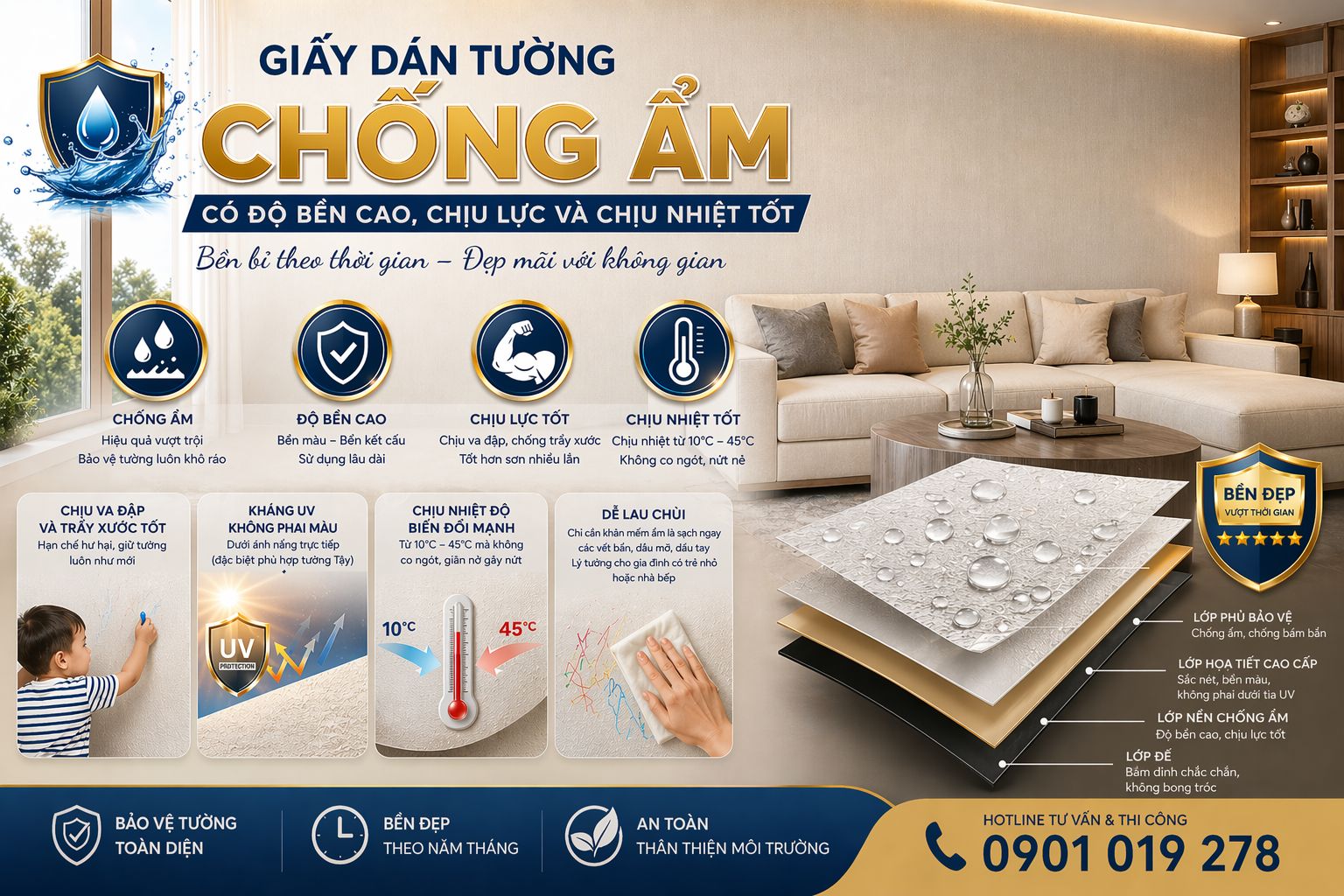 giấy dán tường chống ẩm có độ bền cao chịu nhiệt tốt 