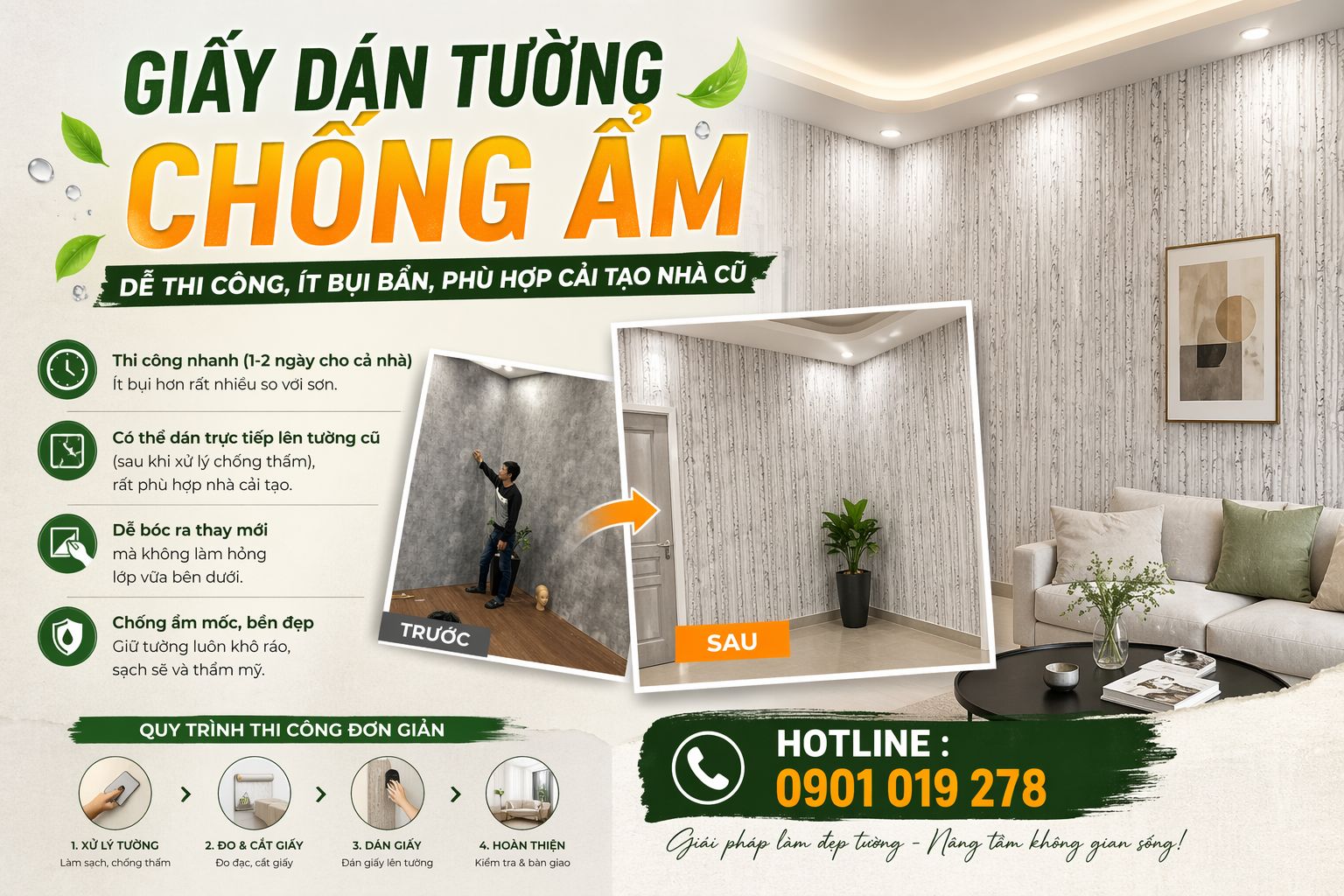 giấy dán tường chống ẩm dễ dàng thi công ít bụi bẩn 