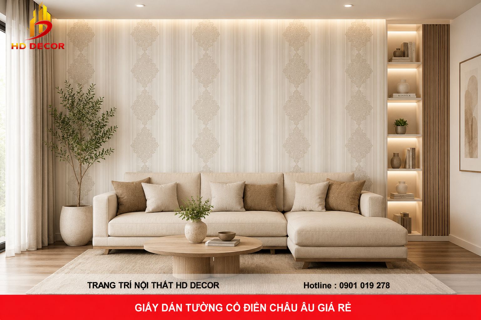 giấy dán tường hoa văn cổ điển phòng khách