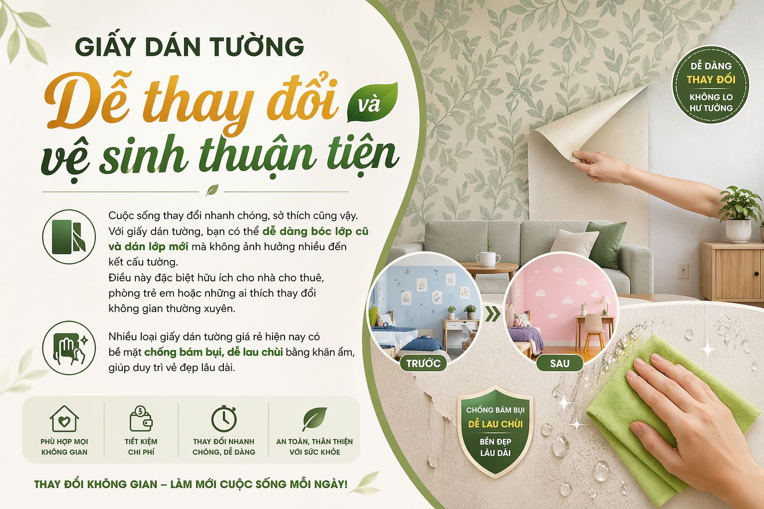 giấy dán tường dể dàng thay đổi và vệ sinh thuận tiện