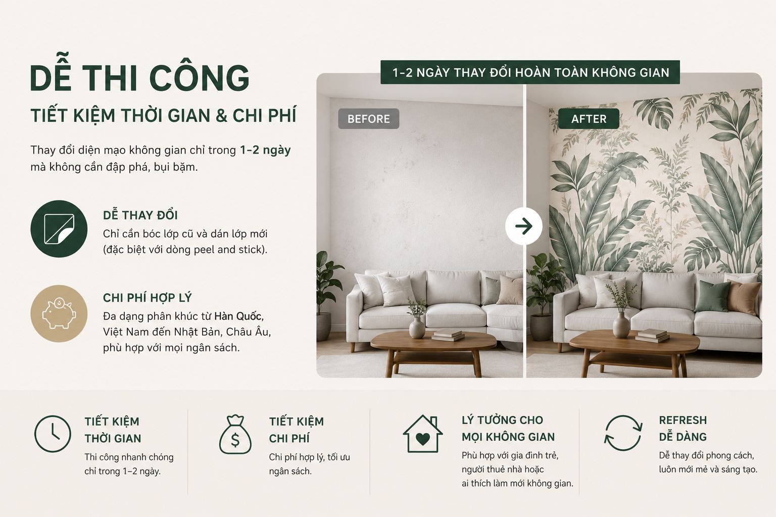giấy dán tường dễ thi công - tiết kiệm chi phí