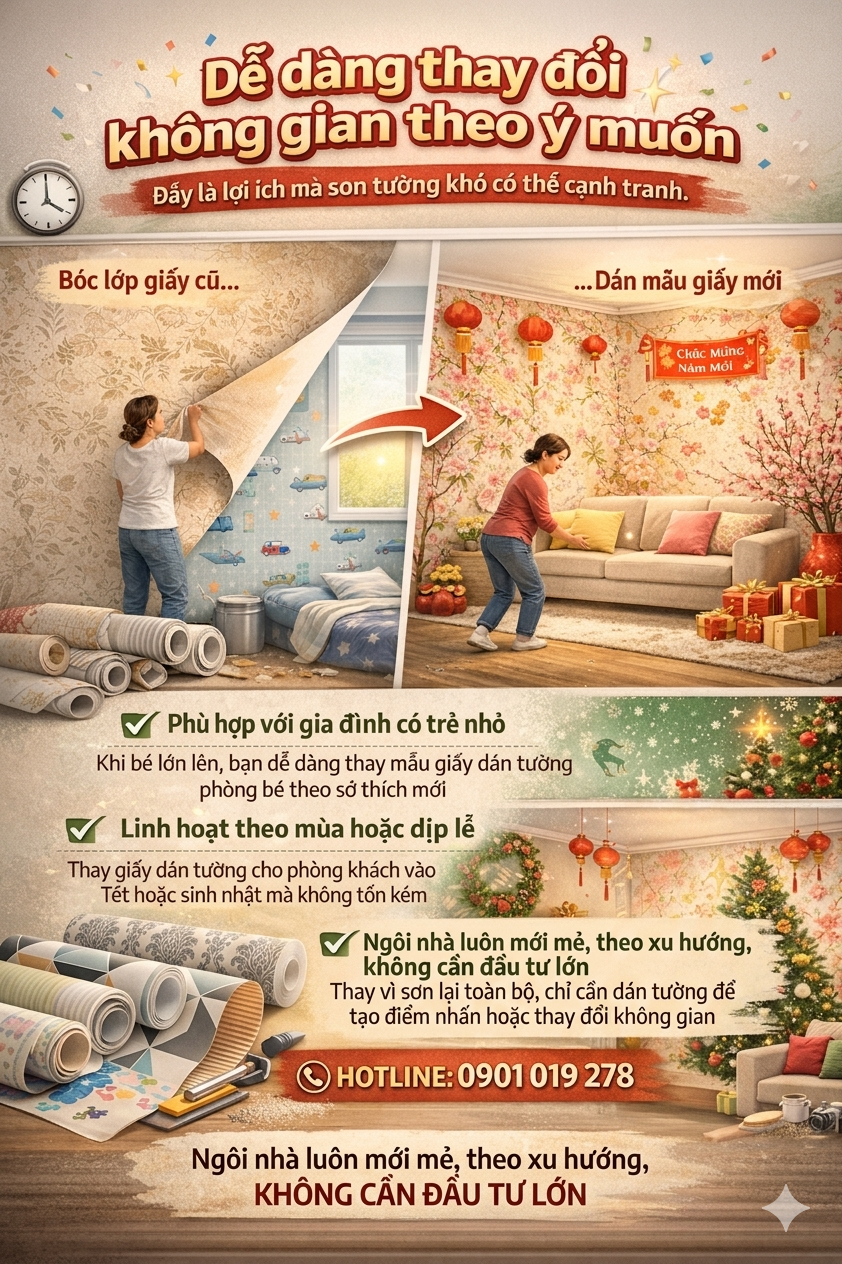 giấy dán tường dễ thay đổi theo không gian