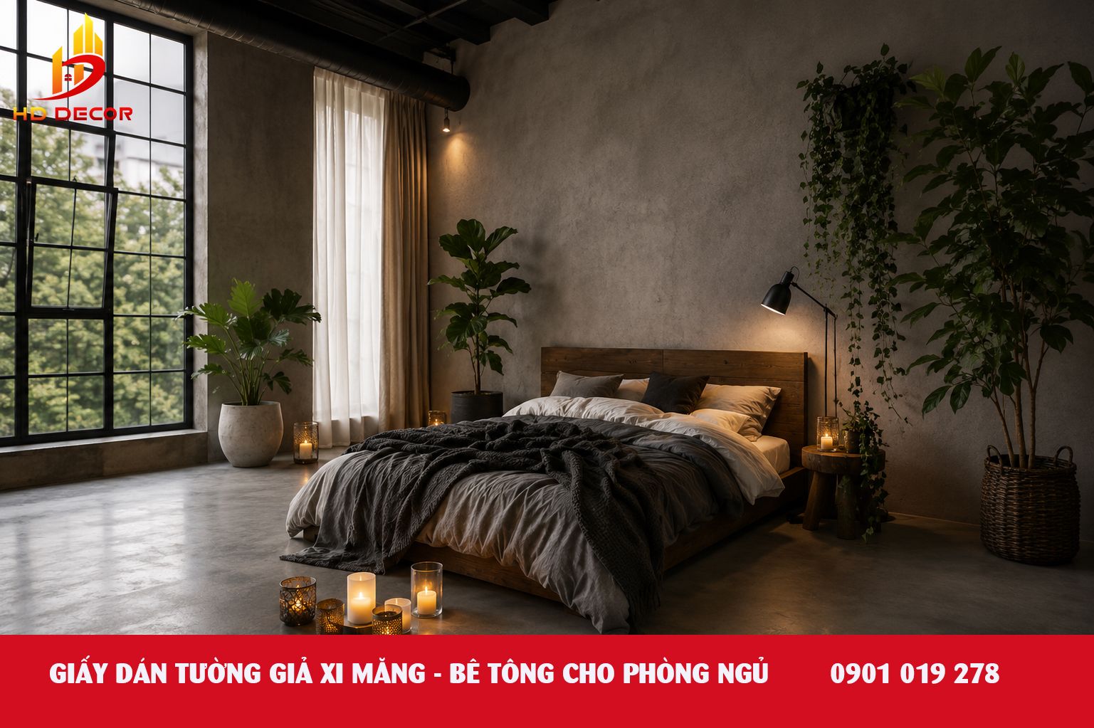 giấy dán tường giả bê tông phòng ngủ 