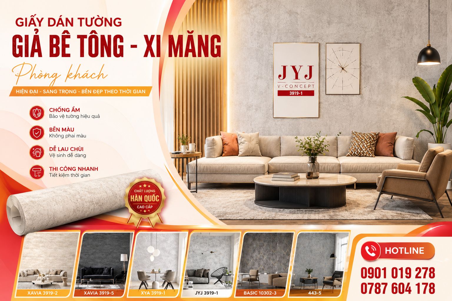 giấy dán tường giả bê tông xi măng phòng khách