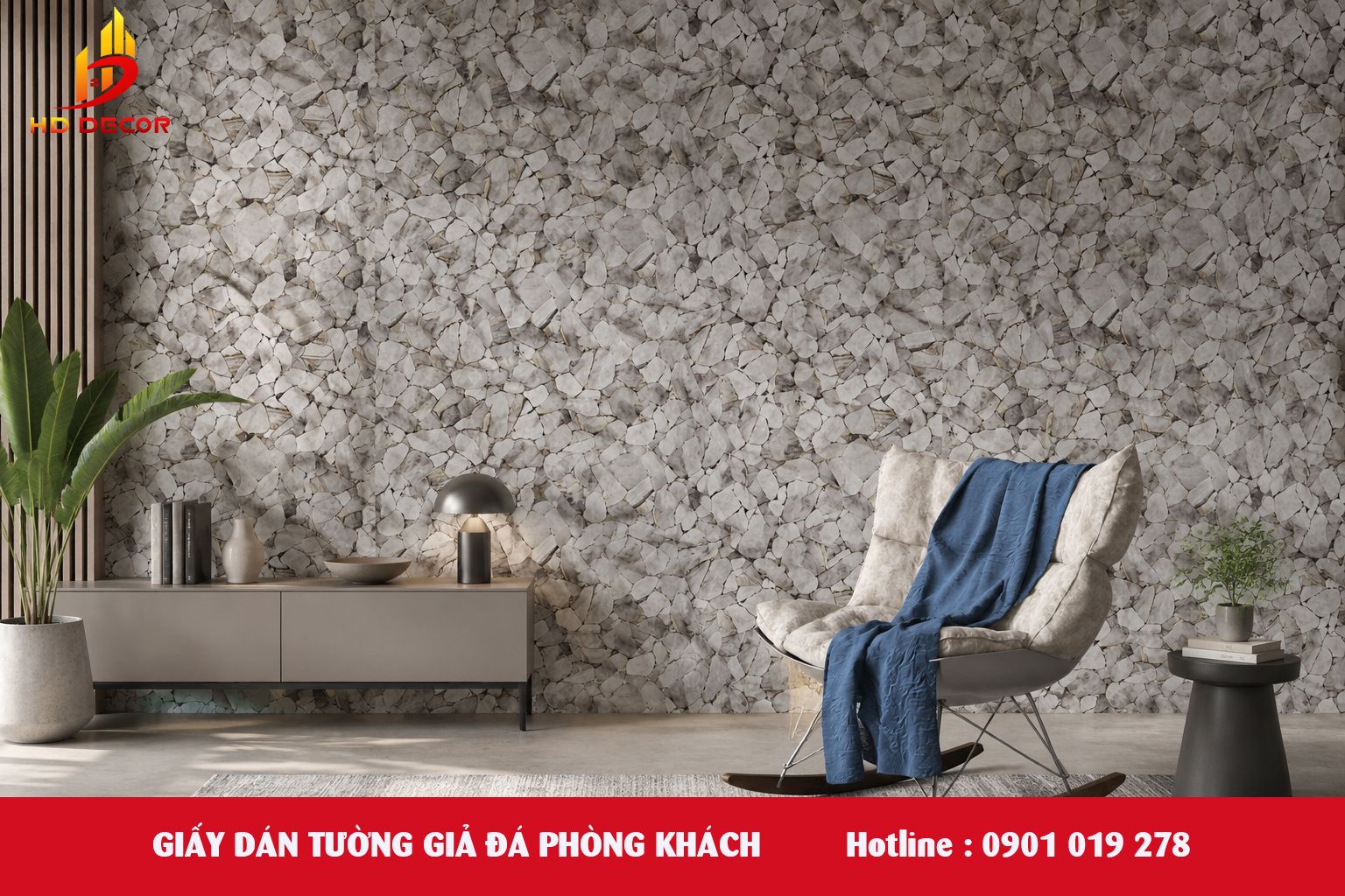 giấy dán tường giả đá phòng khách 