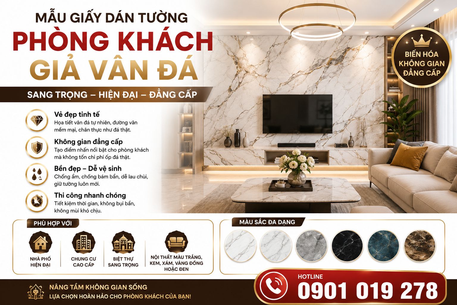 giấy dán tường giả đá phòng khách 