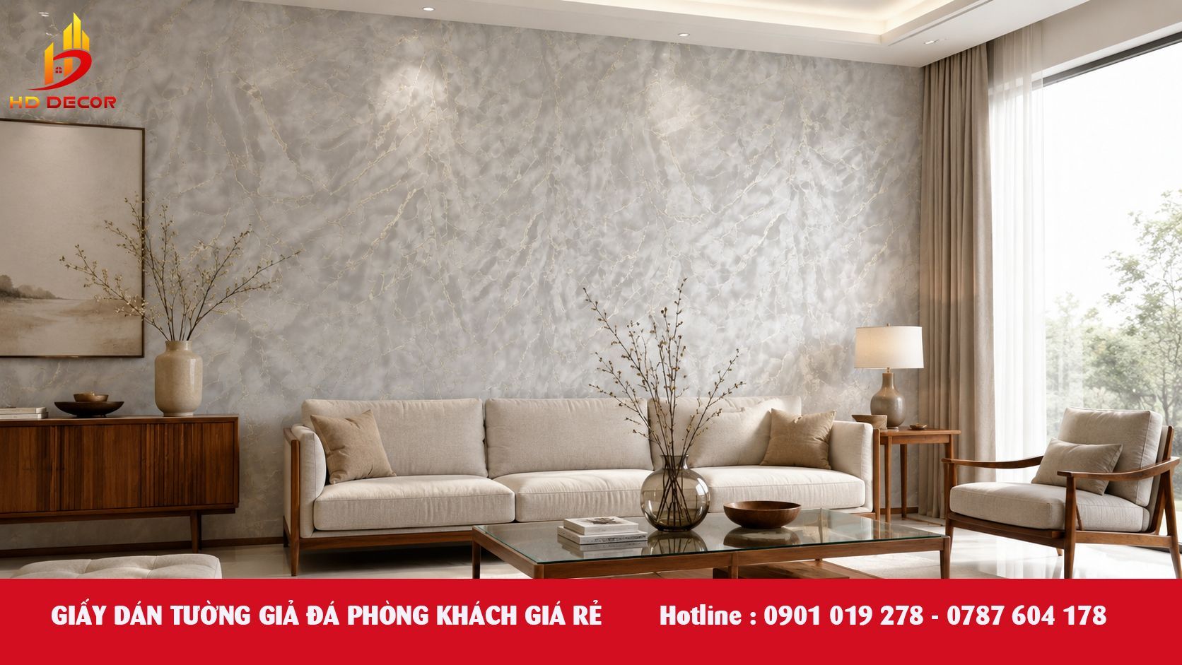 giấy dán tường giả đá phòng khách 