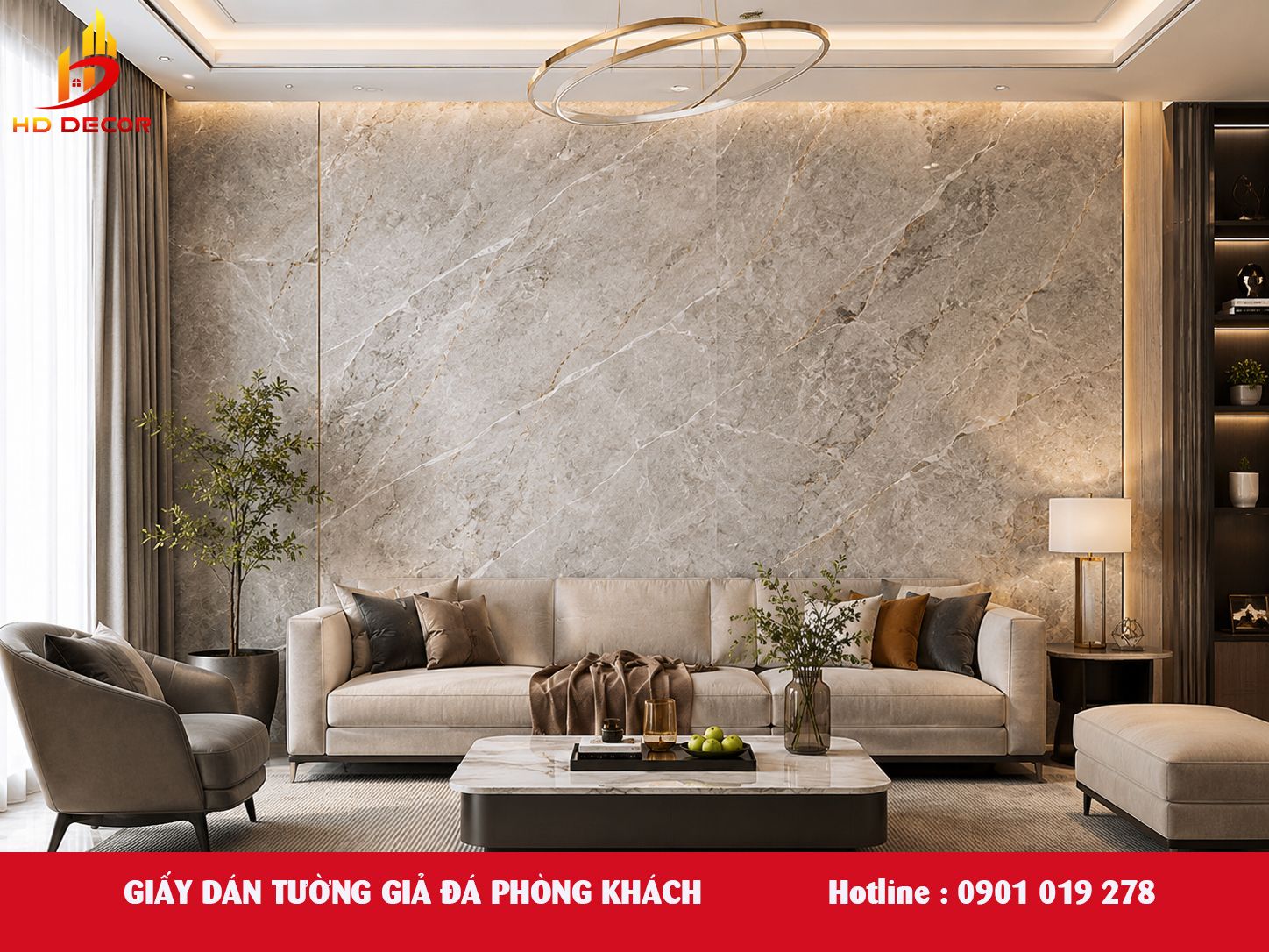 giấy dán tường giả đá phòng khách 