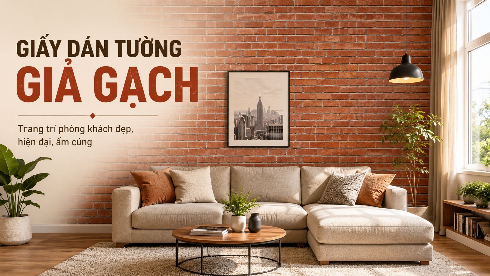 giấy dán tường giả gạch phòng khách 