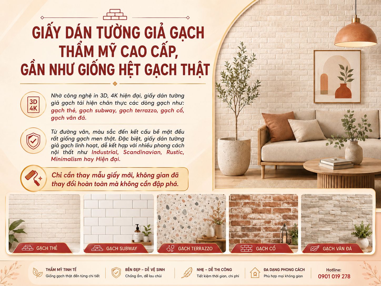 giấy dán tường giả gạch giống với gạch thật