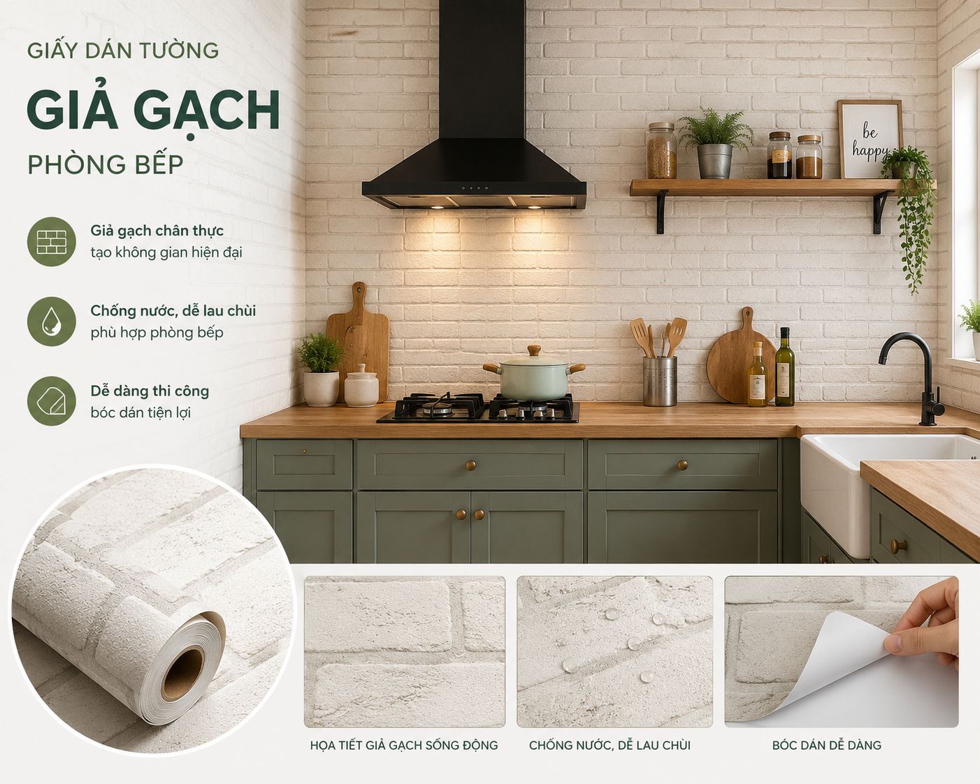 giấy dán tường giả gạch phòng bếp 