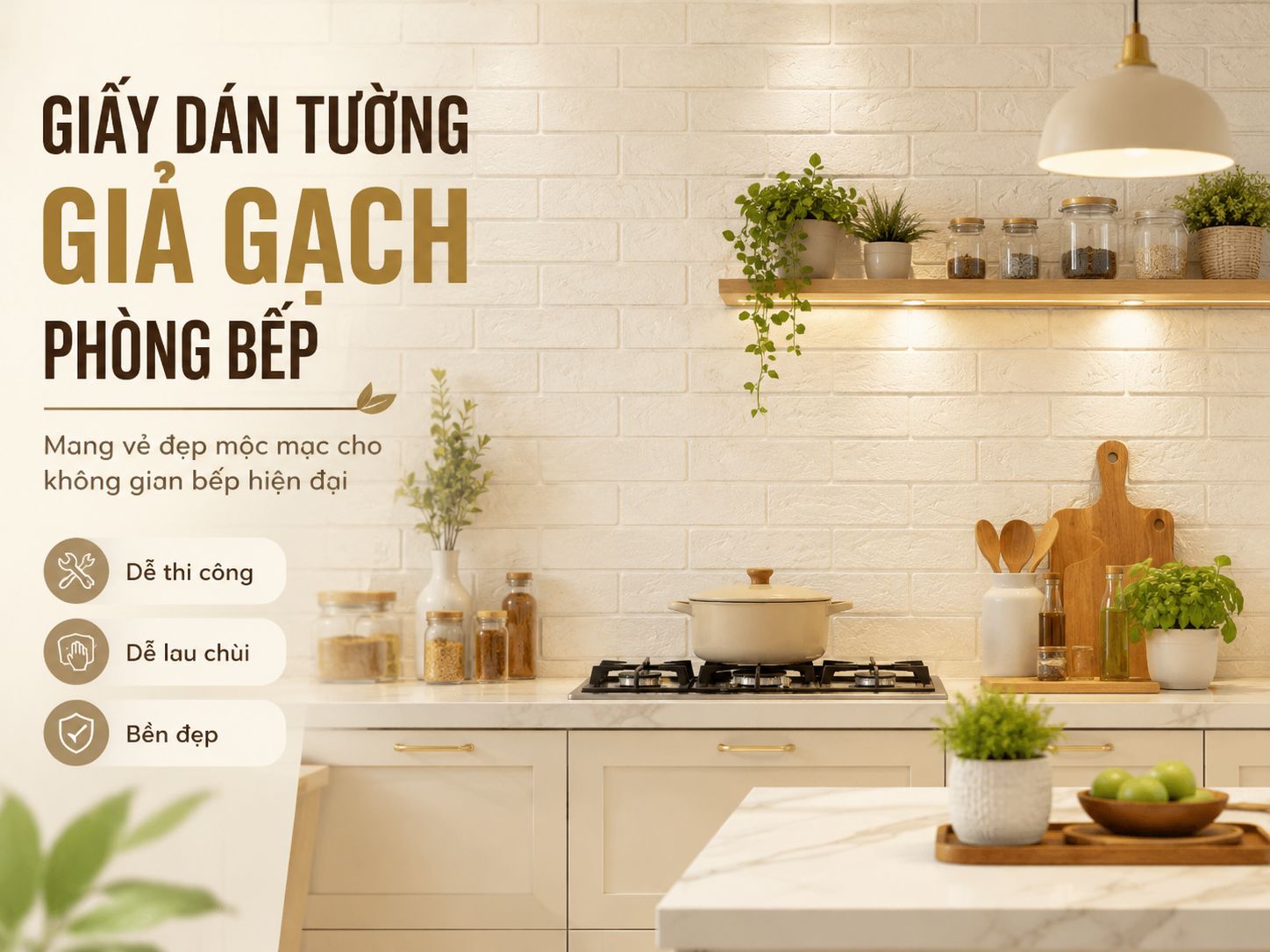 giấy dán tường giả gạch phòng bếp
