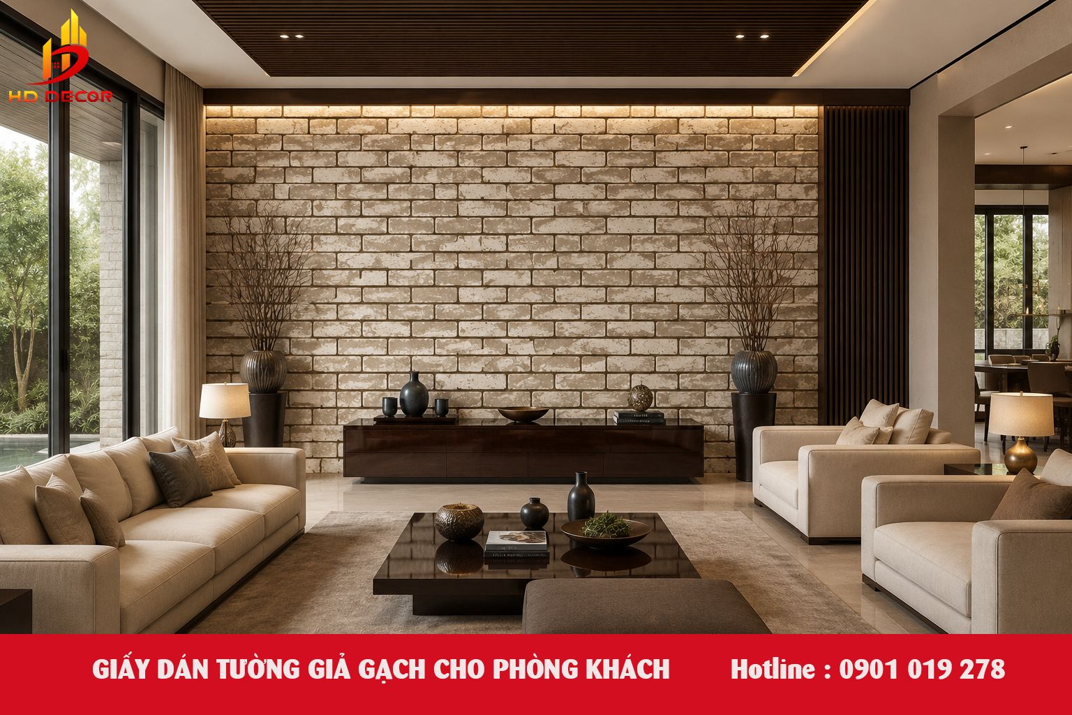 giấy dán tường giả gạch phòng khách 