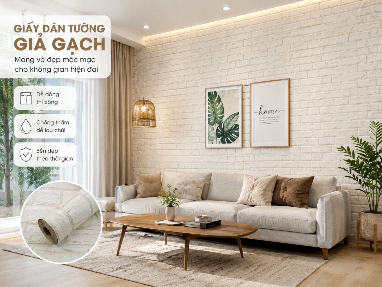 giấy dán tường giả gạch phòng khách 