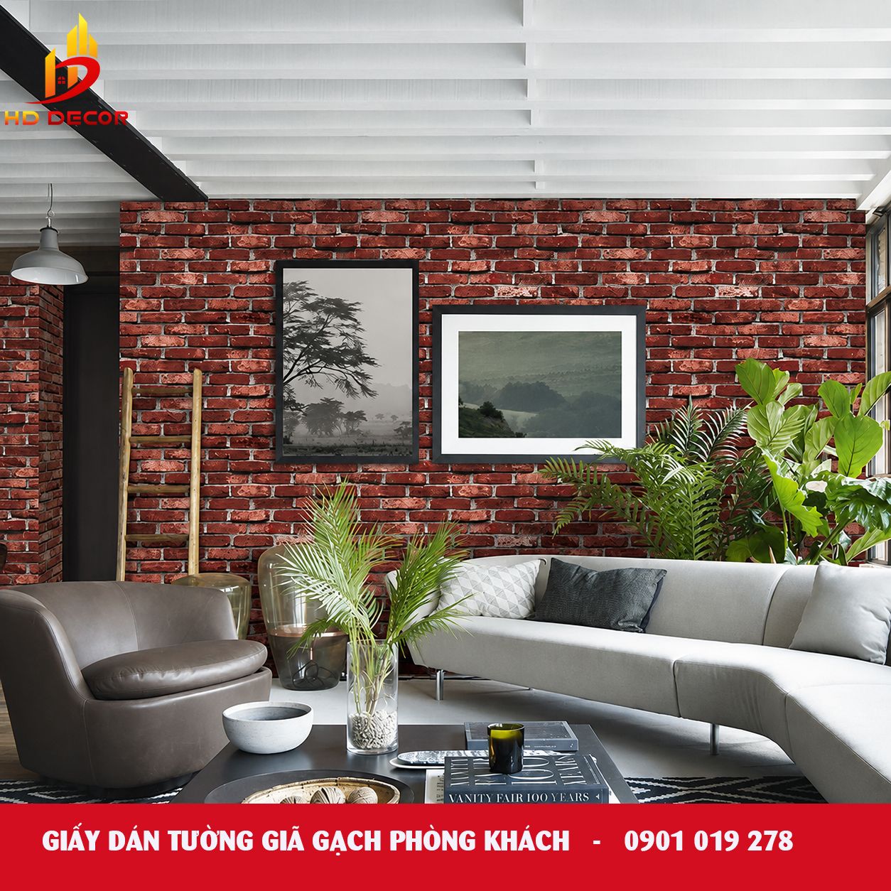 giấy dán tường giả gạch phòng khách 