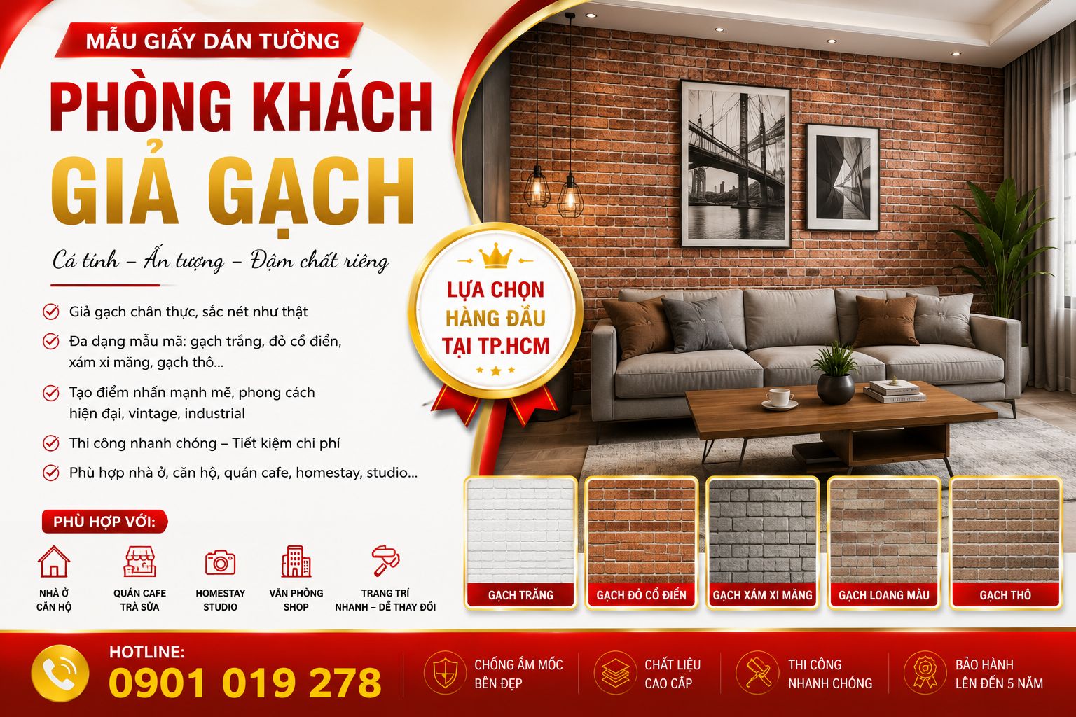 giấy dán tường giả gạch phòng khách 