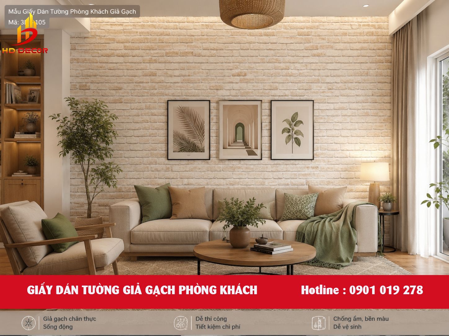 giấy dán tường giả gạch phòng khách 