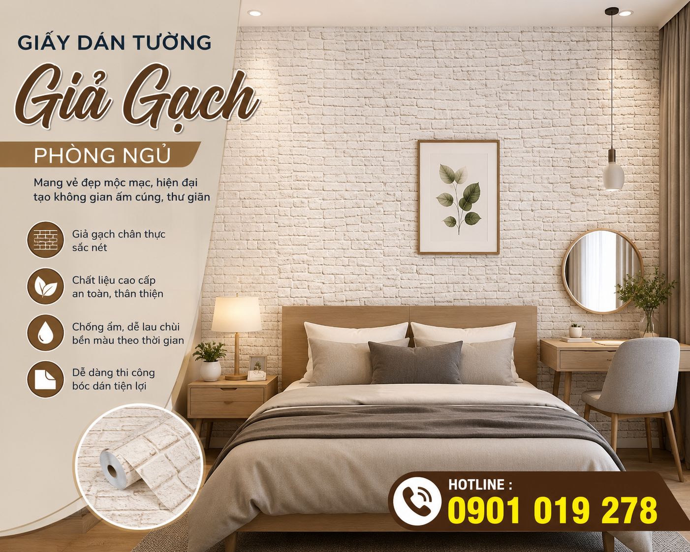 giấy dán tường giả gạch phòng ngủ
