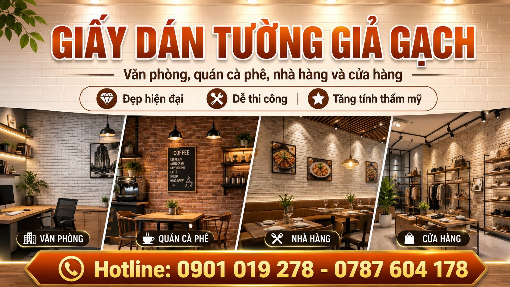 giấy dán tường giả gạch quán cafe nhà hàng 