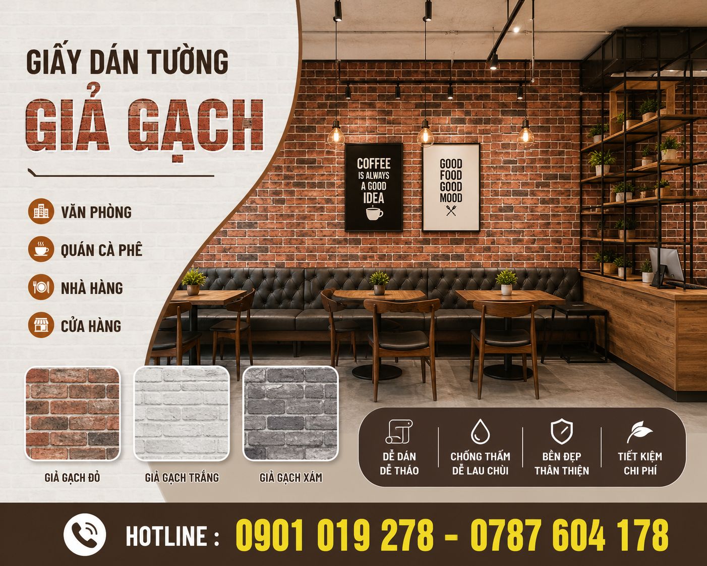 giấy dán tường giả gạch quán cafe