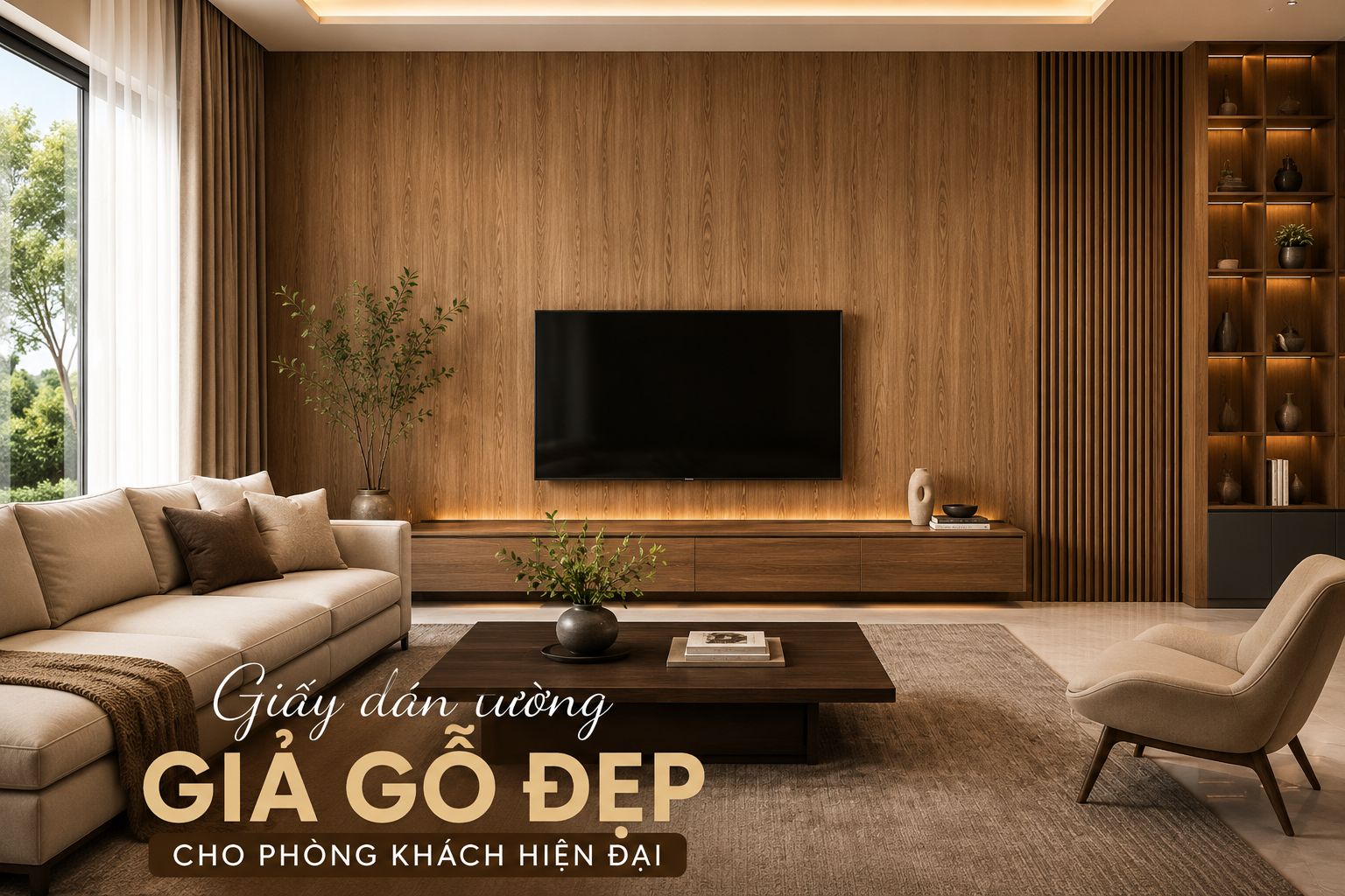 giấy dán tường giả gỗ cho phòng khách hiện đại 