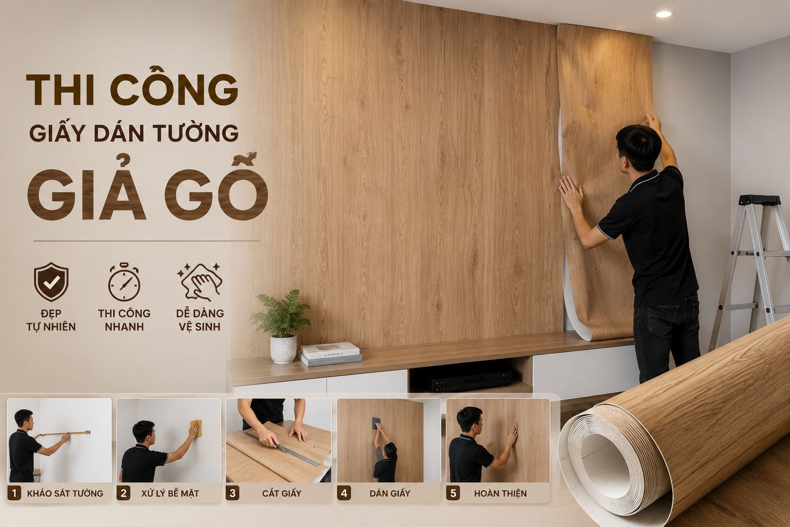 giấy dán tường giả gỗ dễ dàn thi công và thay thế